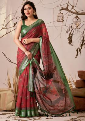 Red Printed Cotton Saree Set