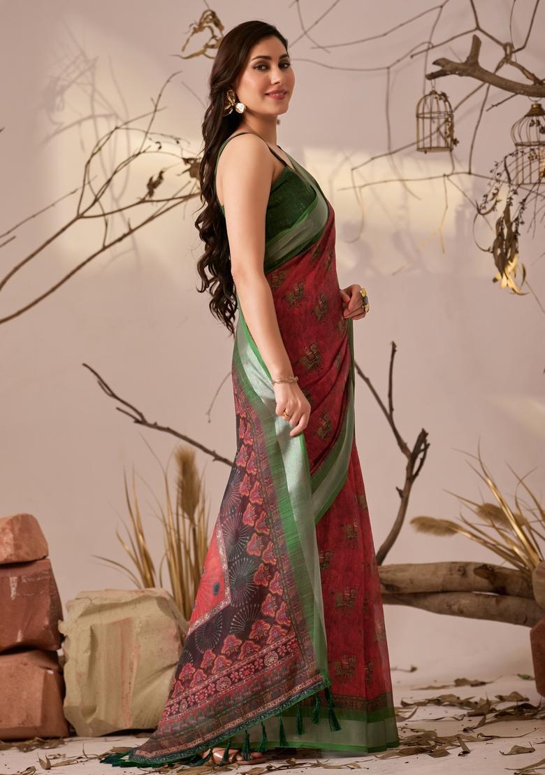 Red Printed Cotton Saree Set - Indya