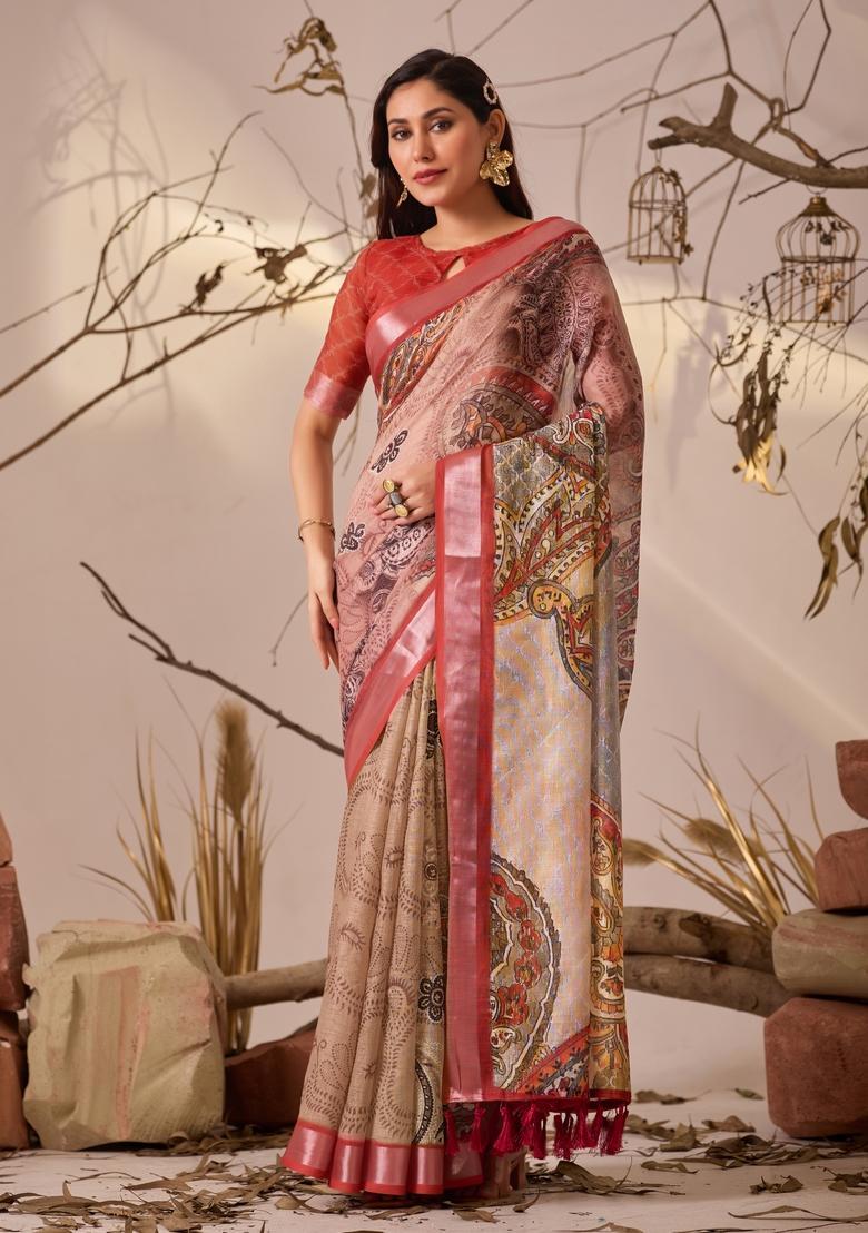 Cream Printed Cotton Saree Set - Indya