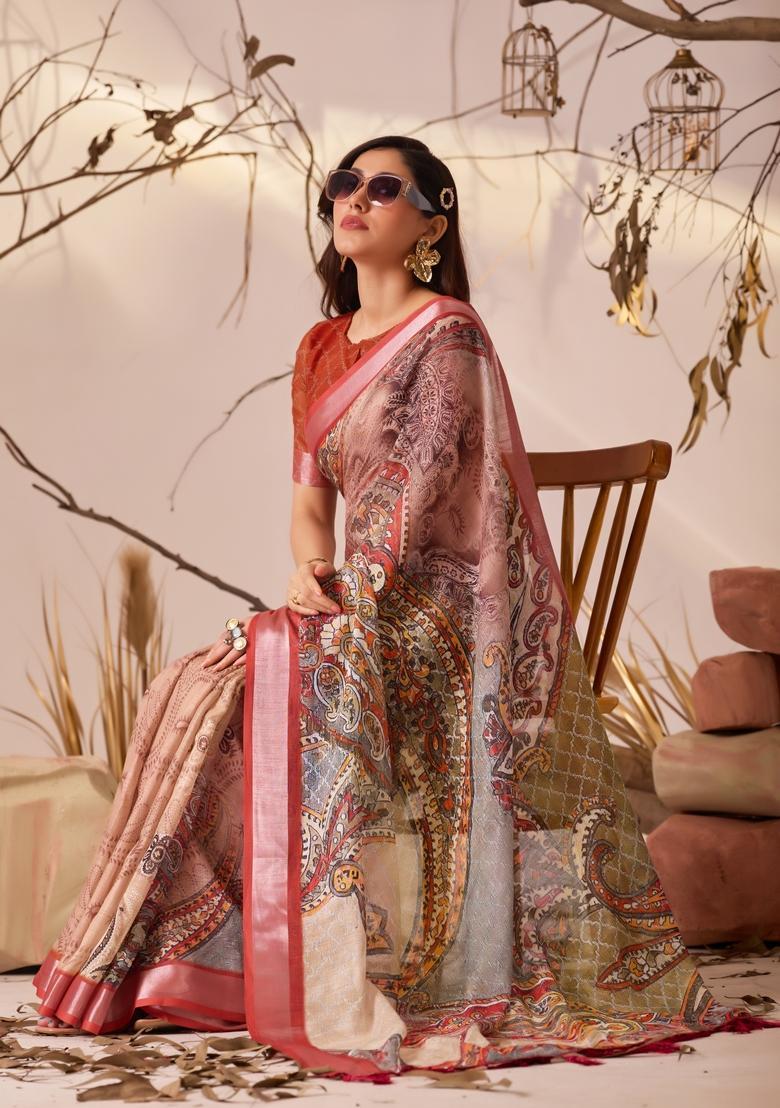 Cream Printed Cotton Saree Set - Indya