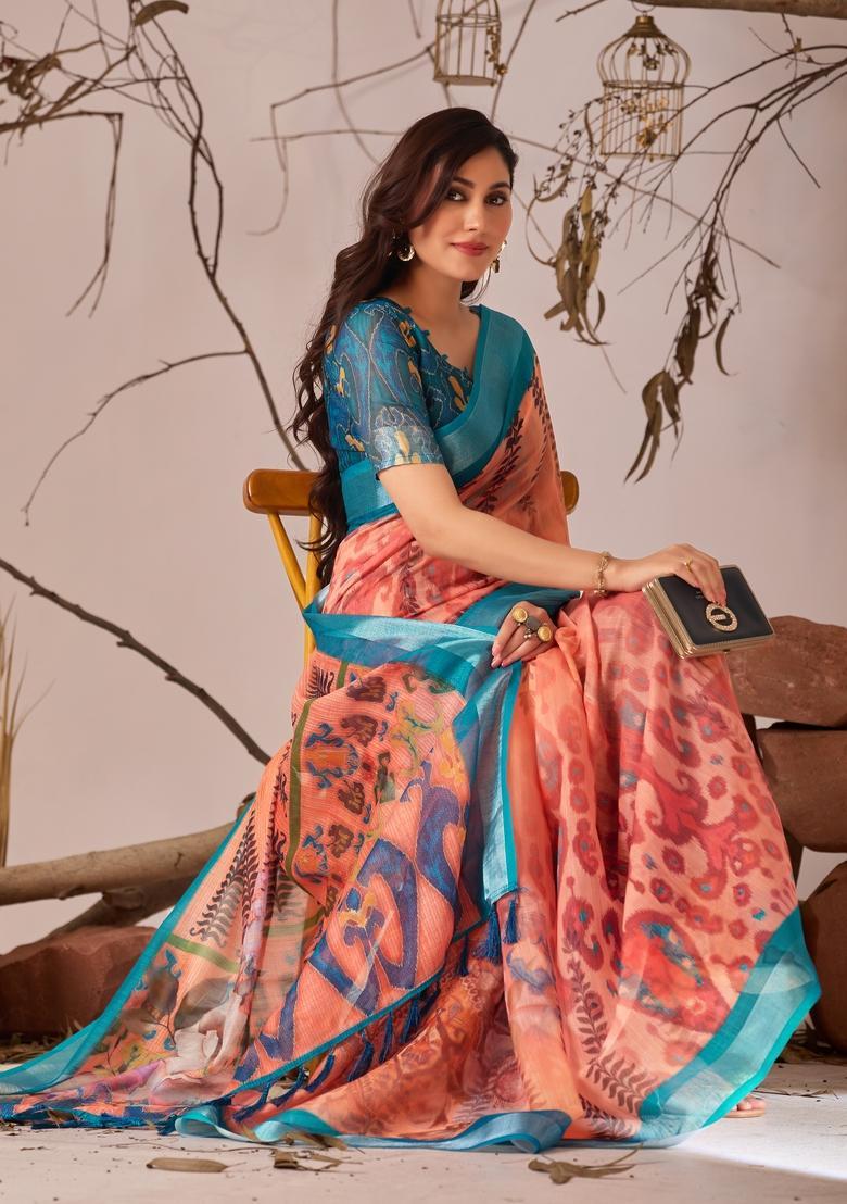 Orange Printed Cotton Saree Set - Indya