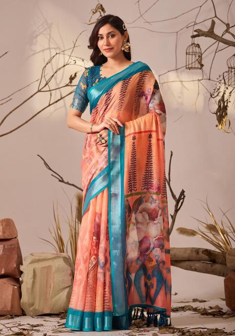 Orange Printed Cotton Saree Set