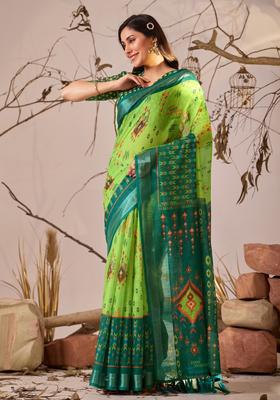 Green Printed Cotton Saree Set
