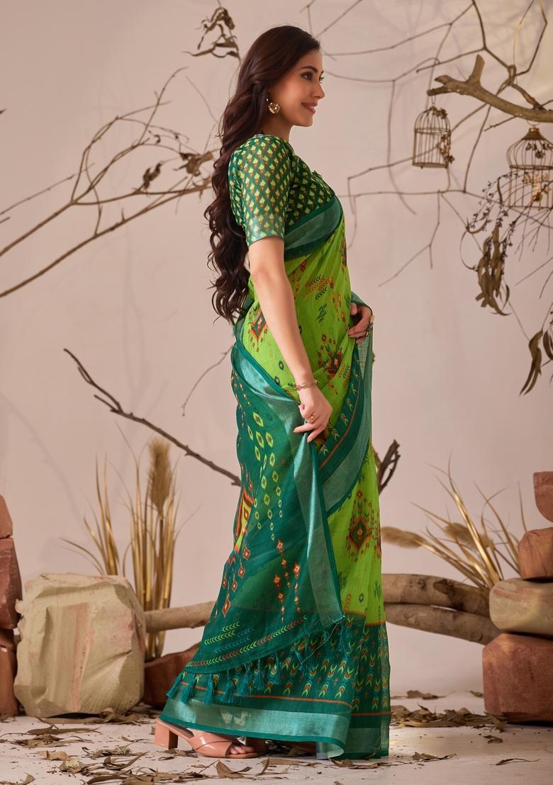 Green Printed Cotton Saree Set - Indya