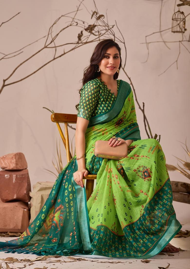 Green Printed Cotton Saree Set - Indya
