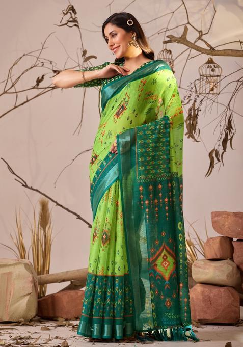 Green Printed Cotton Saree Set