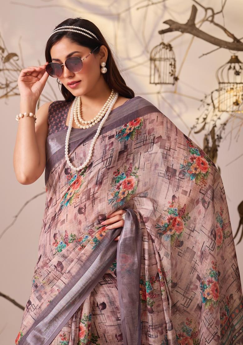 Grey Printed Cotton Saree Set - Indya