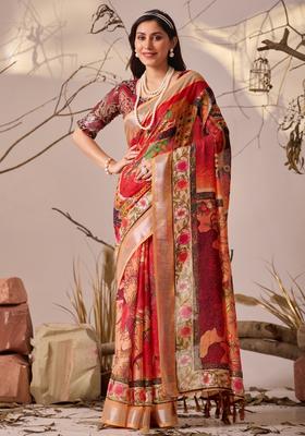 Red Printed Cotton Saree Set