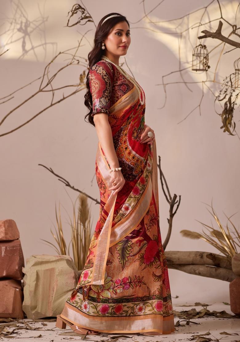 Red Printed Cotton Saree Set - Indya