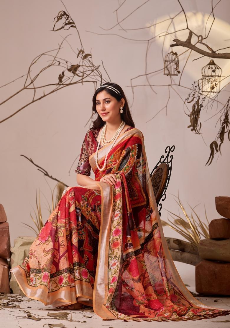 Red Printed Cotton Saree Set - Indya