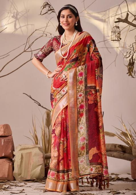 Red Printed Cotton Saree Set