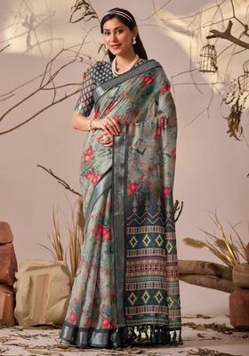 Grey Printed Cotton Saree Set