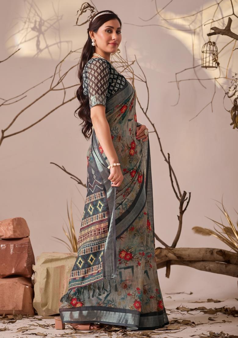 Grey Printed Cotton Saree Set - Indya
