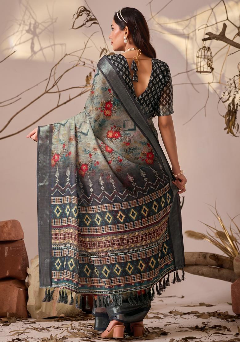 Grey Printed Cotton Saree Set - Indya