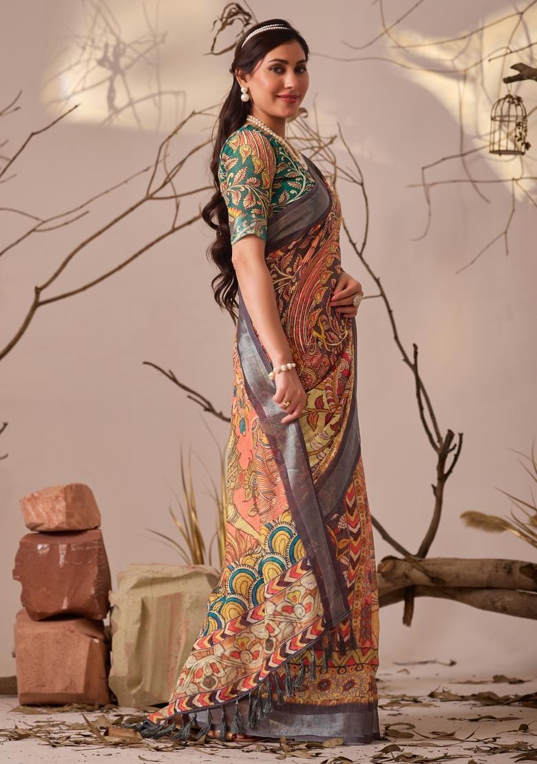 Multicolor Printed Cotton Saree Set - Indya