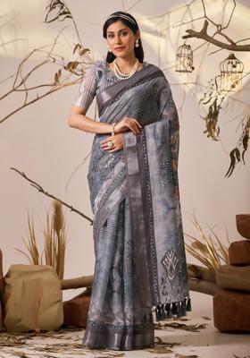 Grey Printed Cotton Saree Set