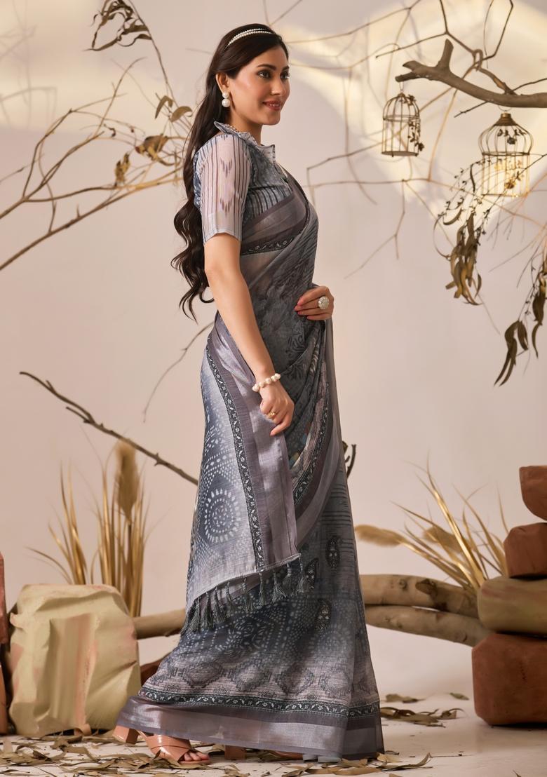 Grey Printed Cotton Saree Set - Indya