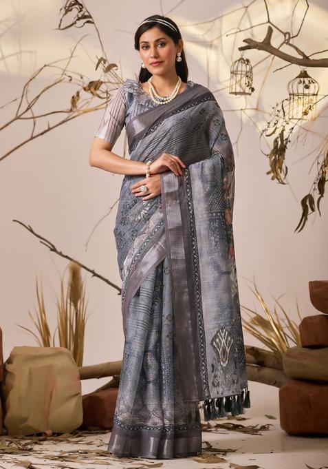 Grey Printed Cotton Saree Set