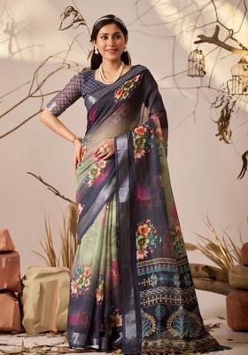 Multicolor Printed Cotton Saree Set