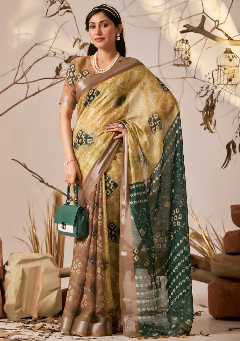 Yellow Printed Cotton Saree Set - Indya
