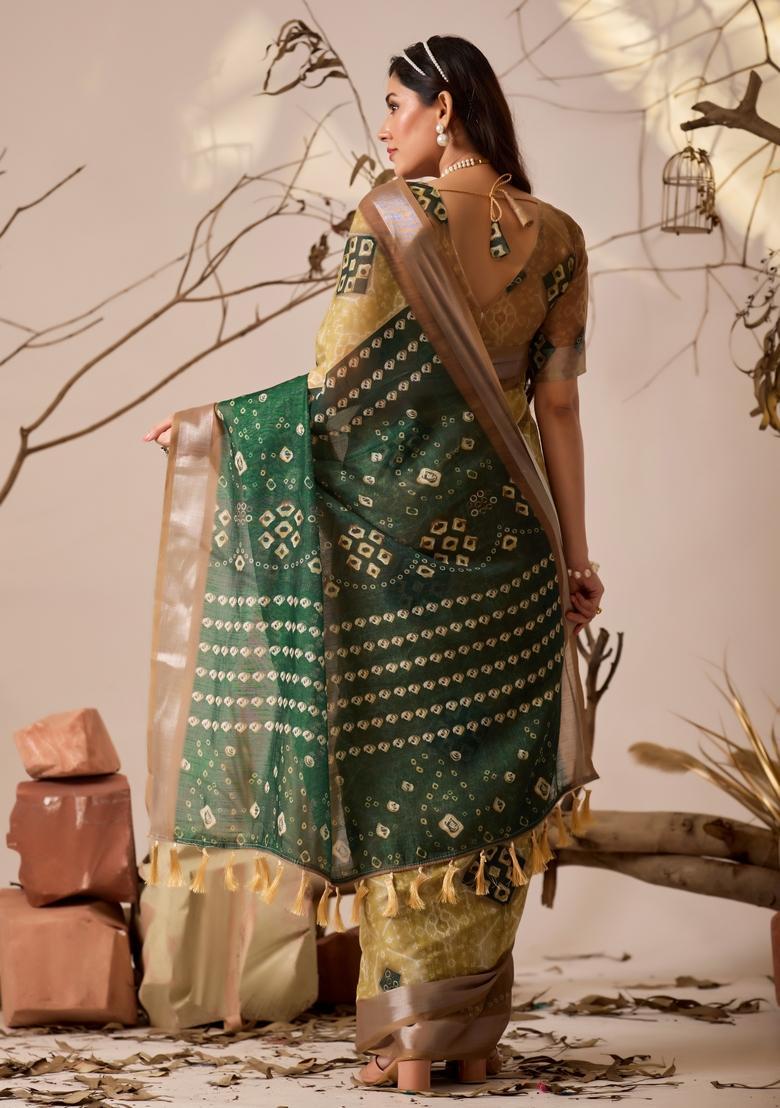 Yellow Printed Cotton Saree Set - Indya