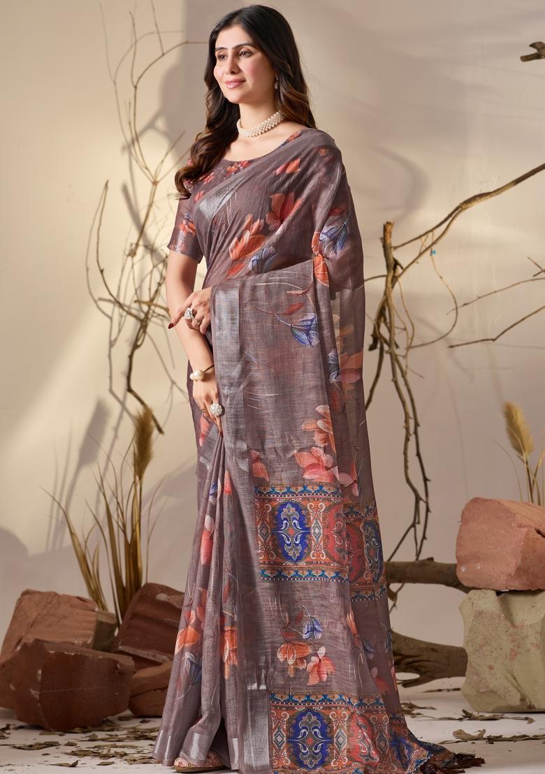 Light Brown Printed Cotton Saree Set - Indya