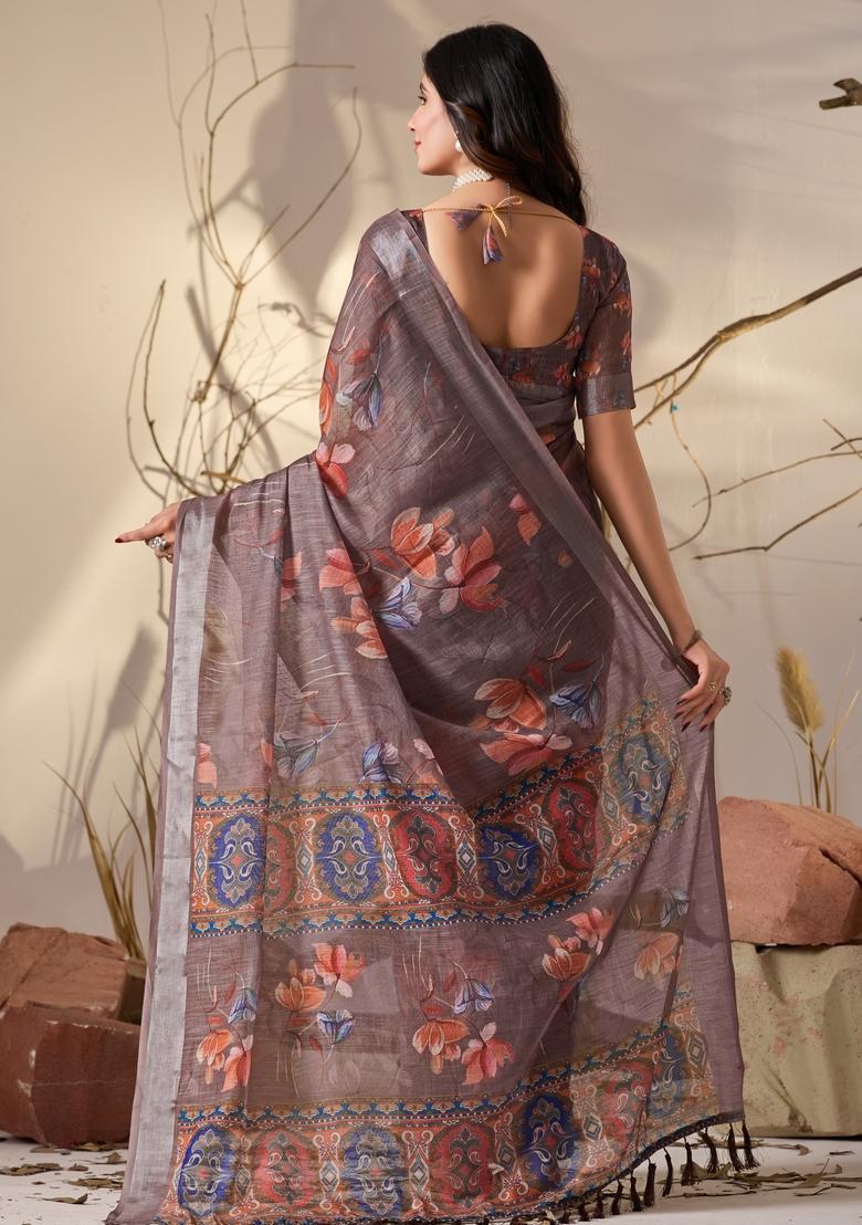 Light Brown Printed Cotton Saree Set - Indya