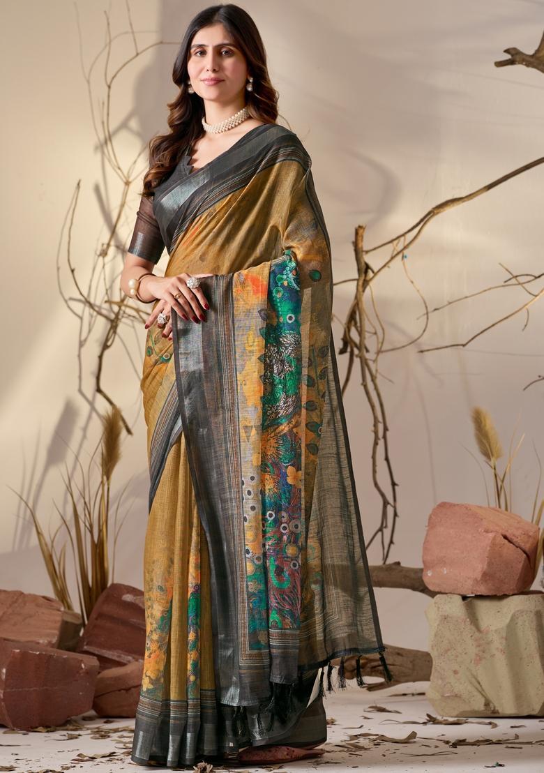 Mustard Printed Cotton Saree Set - Indya