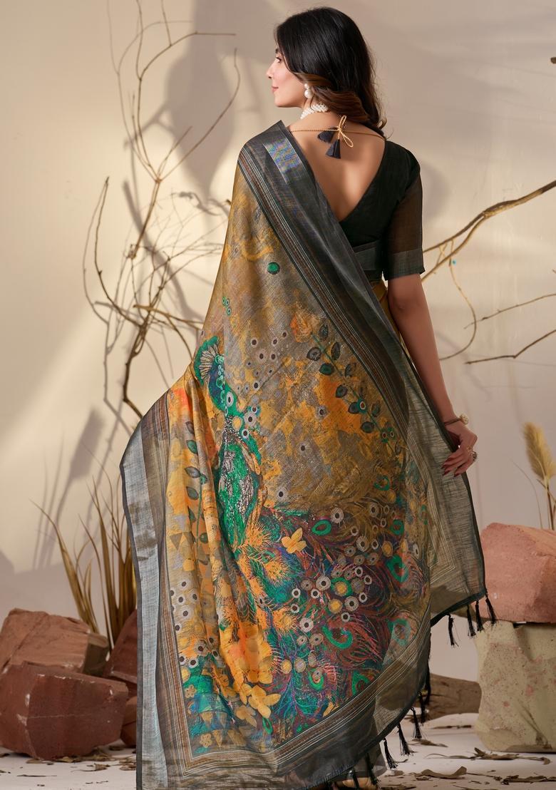 Mustard Printed Cotton Saree Set - Indya