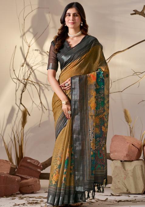 Mustard Printed Cotton Saree Set