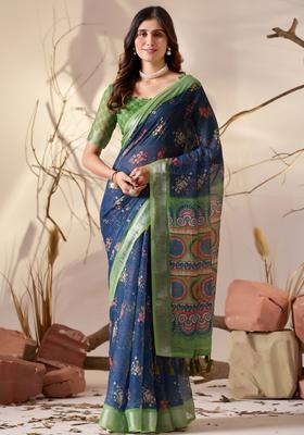 Blue Printed Cotton Saree Set
