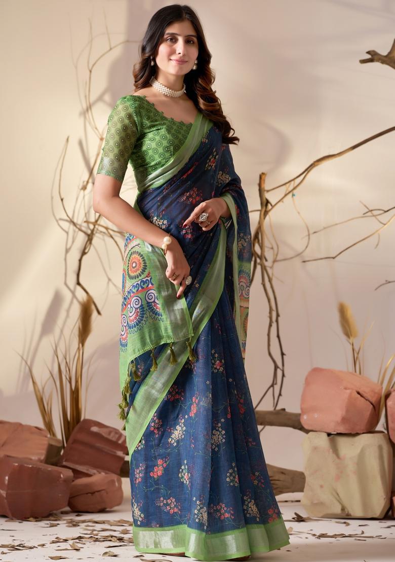 Blue Printed Cotton Saree Set - Indya