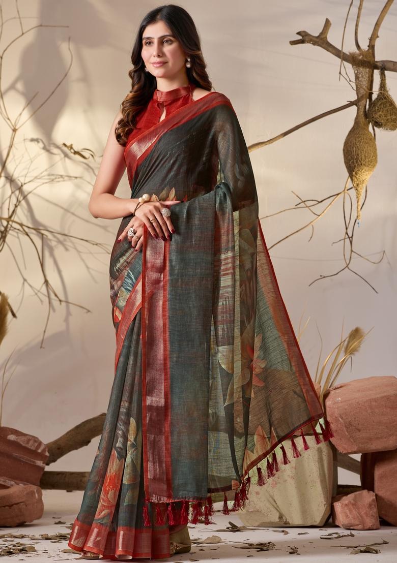 Dark Green Printed Cotton Saree Set - Indya