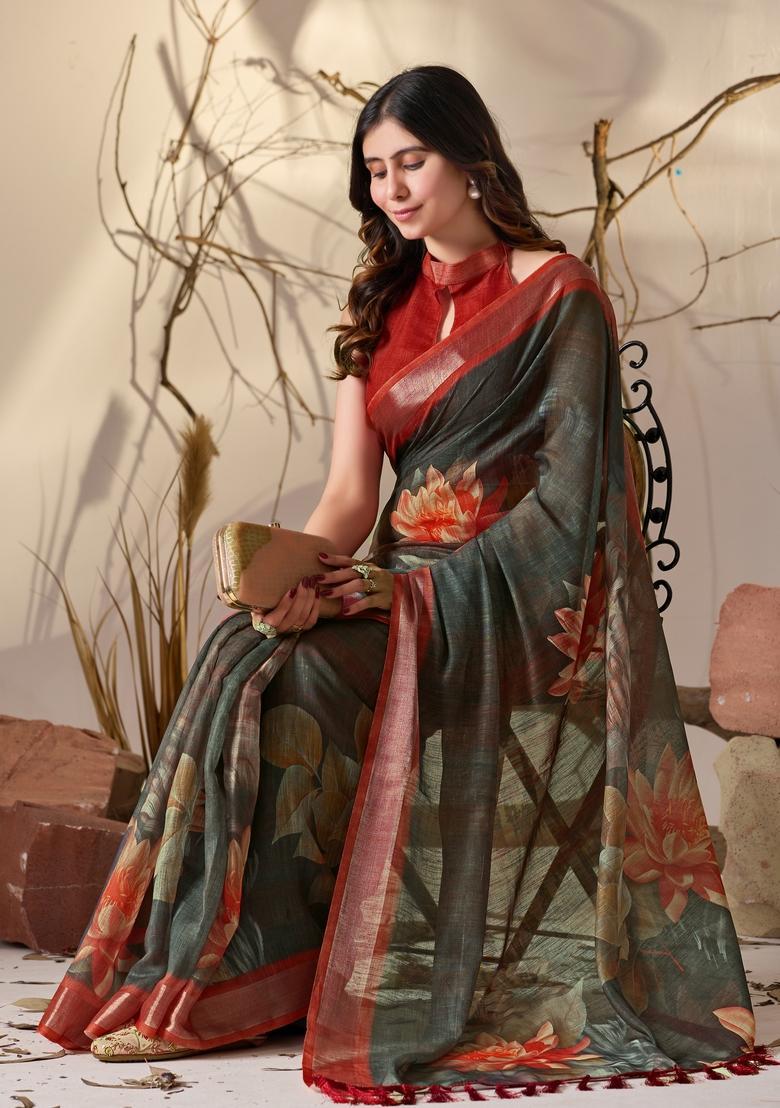 Dark Green Printed Cotton Saree Set - Indya