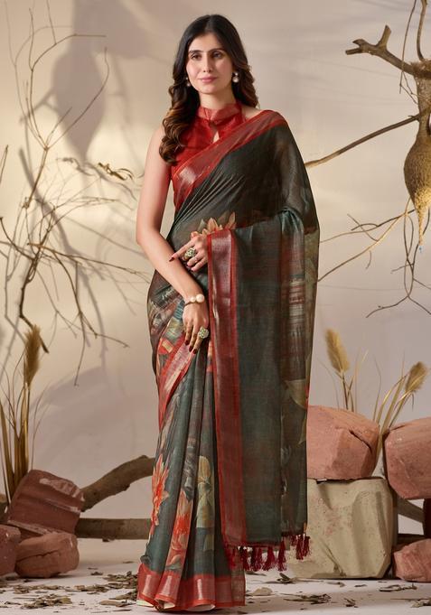 Dark Green Printed Cotton Saree Set
