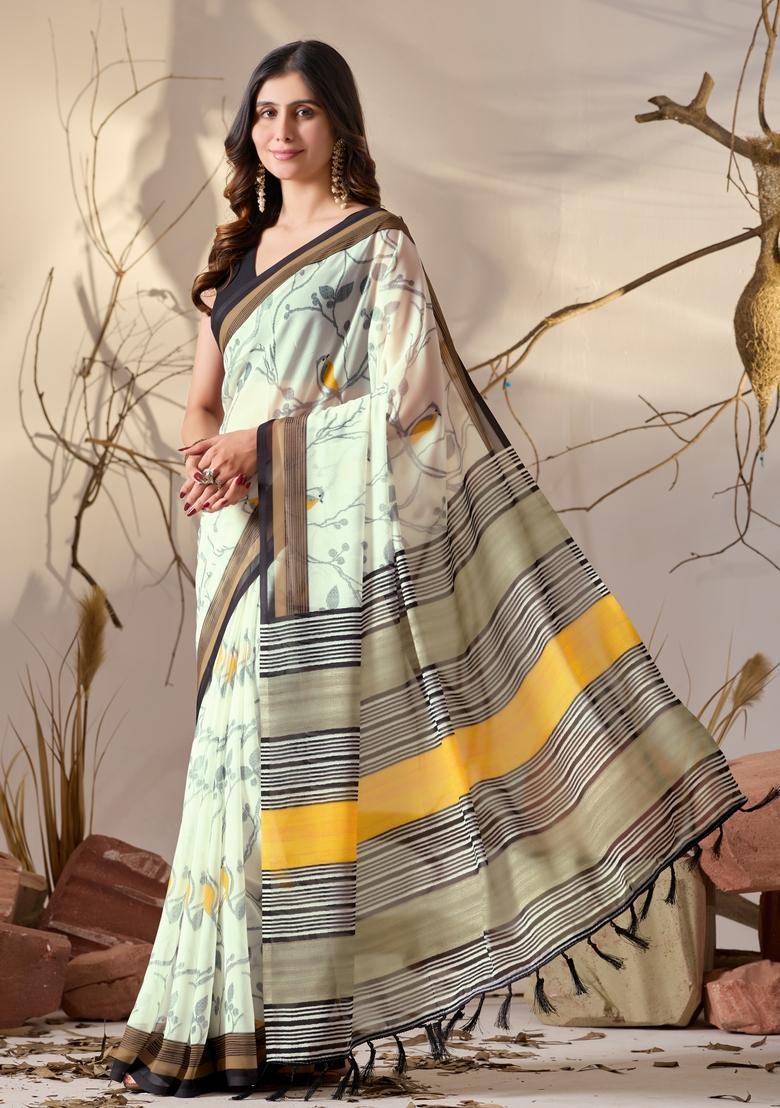 Off White Printed Georgette Saree Set - Indya