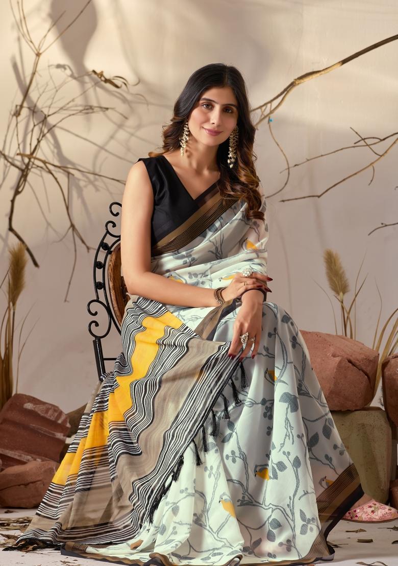 Off White Printed Georgette Saree Set - Indya