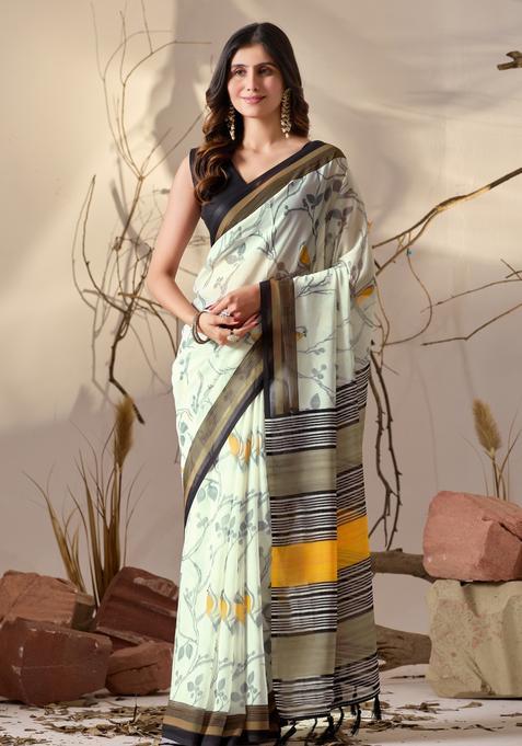 Off White Printed Georgette Saree Set