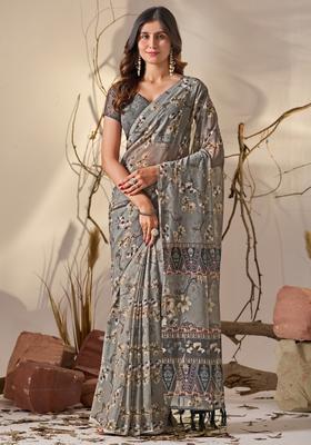 Grey Printed Georgette Saree Set