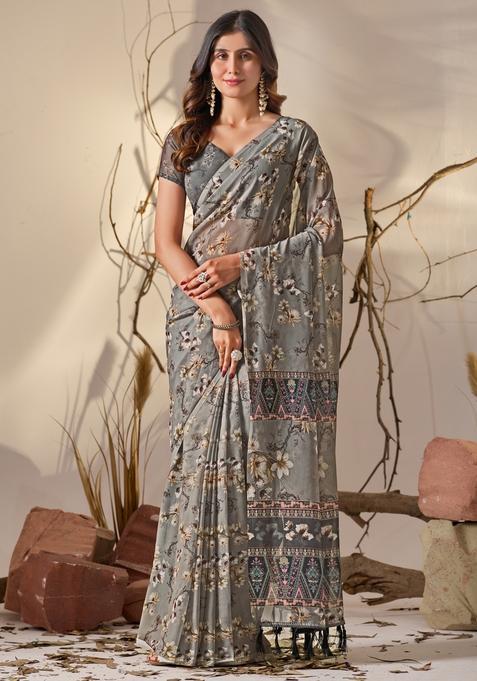 Grey Printed Georgette Saree Set