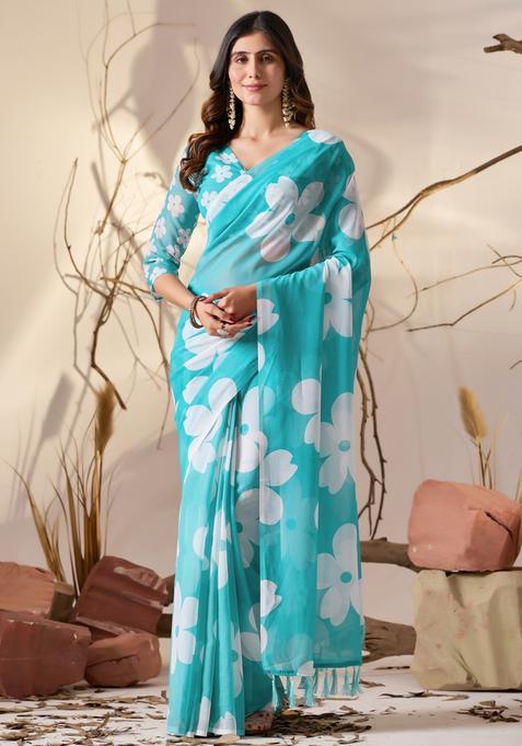 Sky Blue Printed Georgette Saree Set
