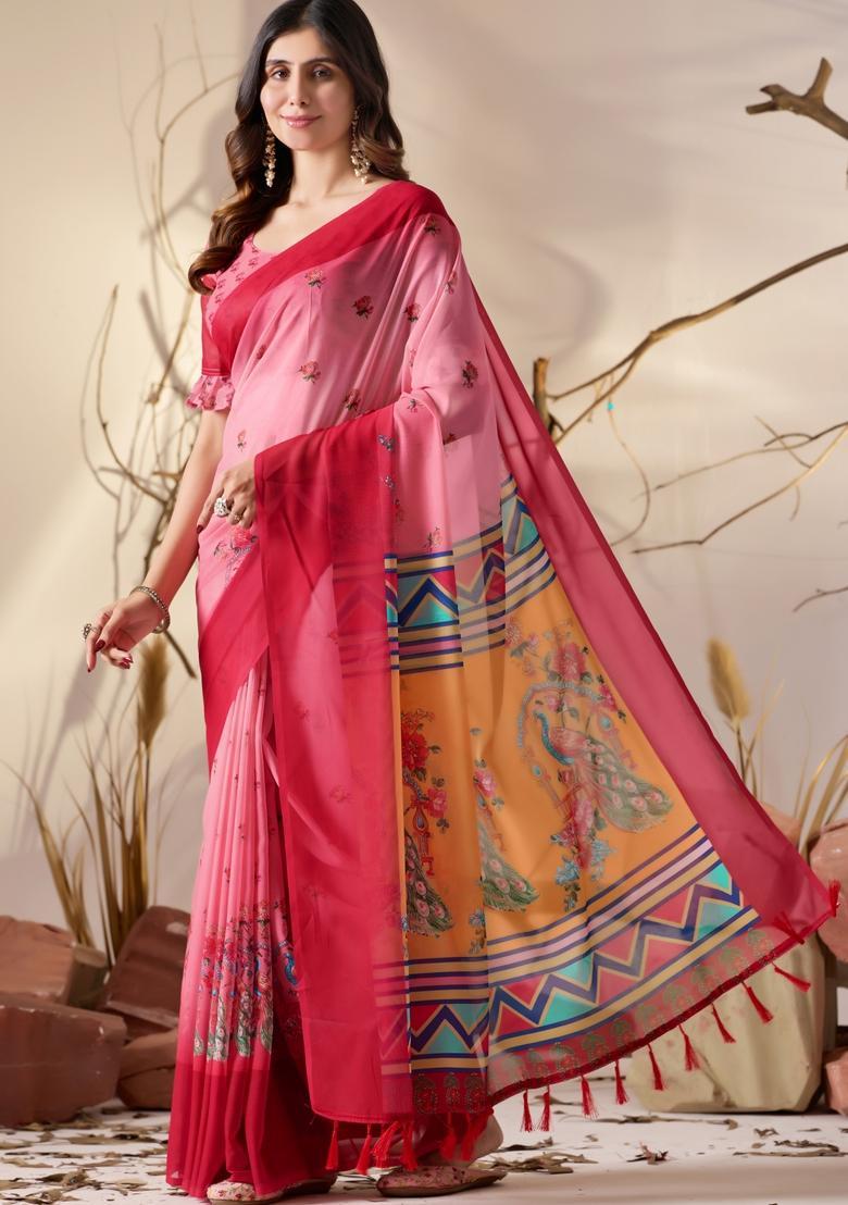 Pink Printed Georgette Saree Set - Indya