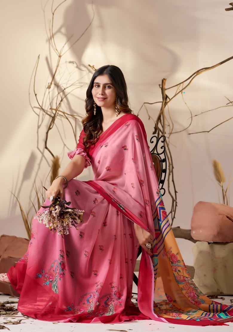 Pink Printed Georgette Saree Set - Indya