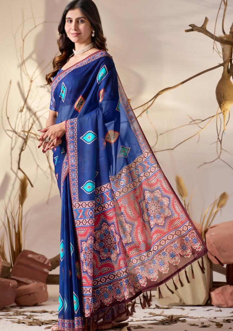 Royal Blue Printed Georgette Saree Set - Indya