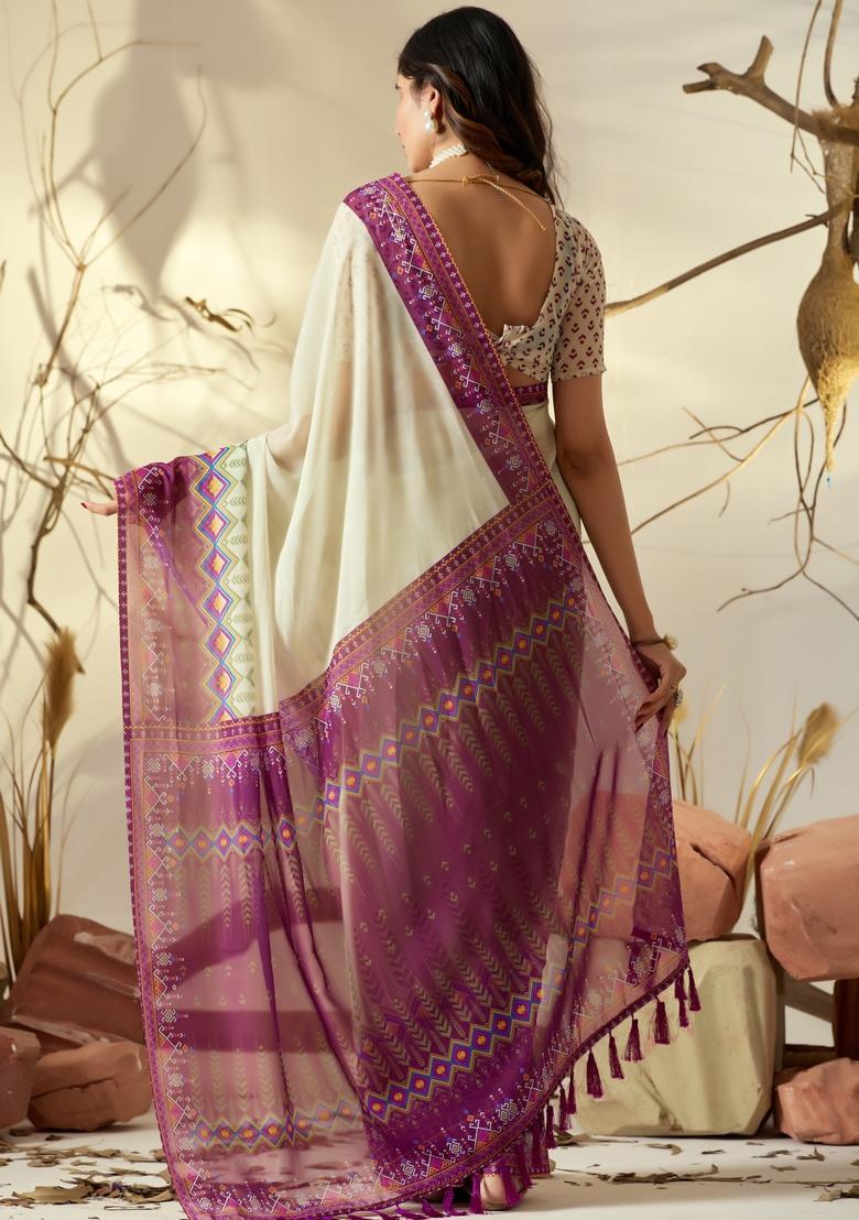 Beige Printed Georgette Saree Set - Indya