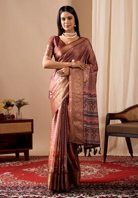 Rust Printed Silk Saree Set