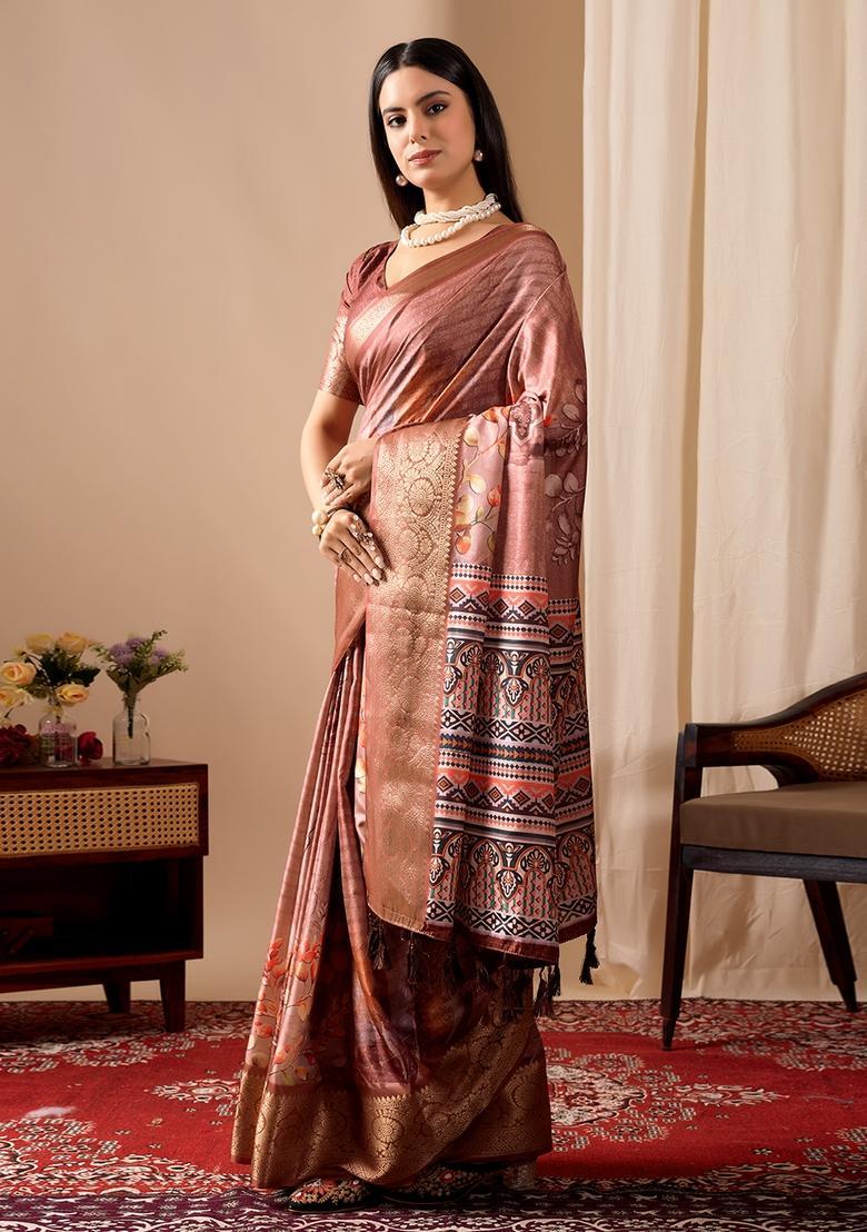 Rust Printed Silk Saree Set - Indya