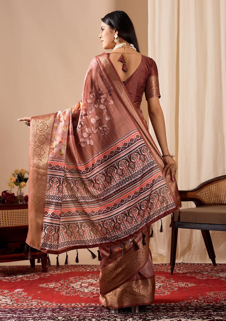 Rust Printed Silk Saree Set - Indya