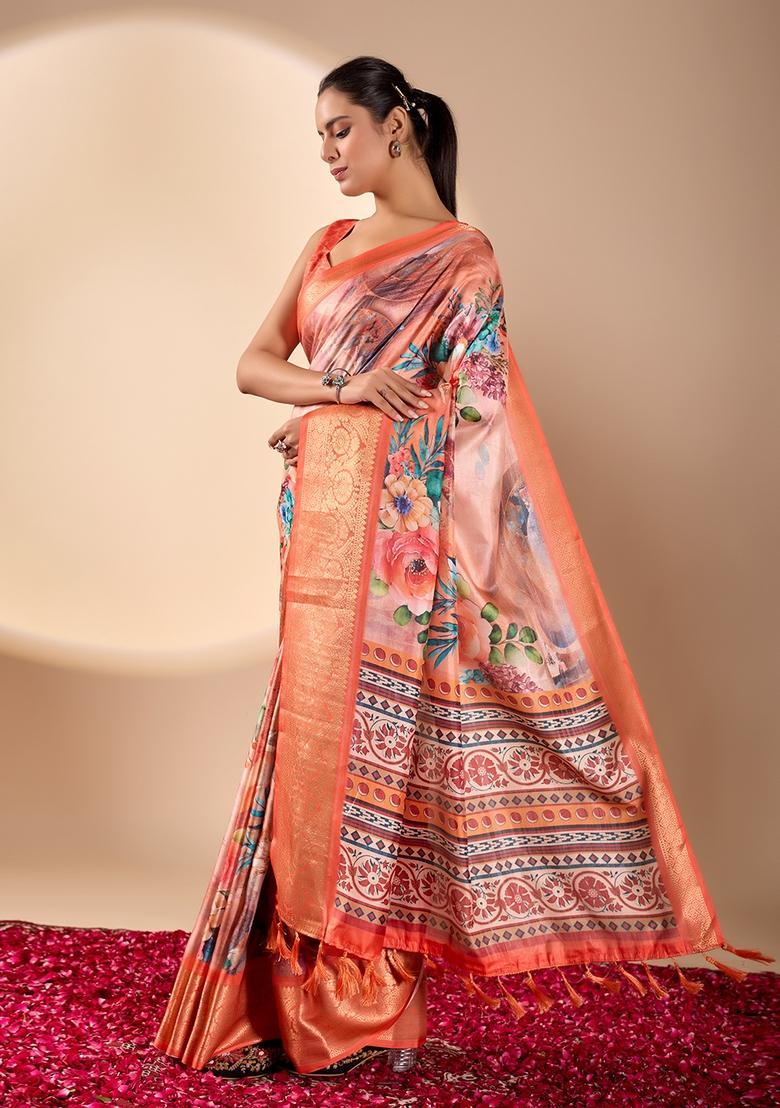 Orange Printed Silk Saree Set - Indya