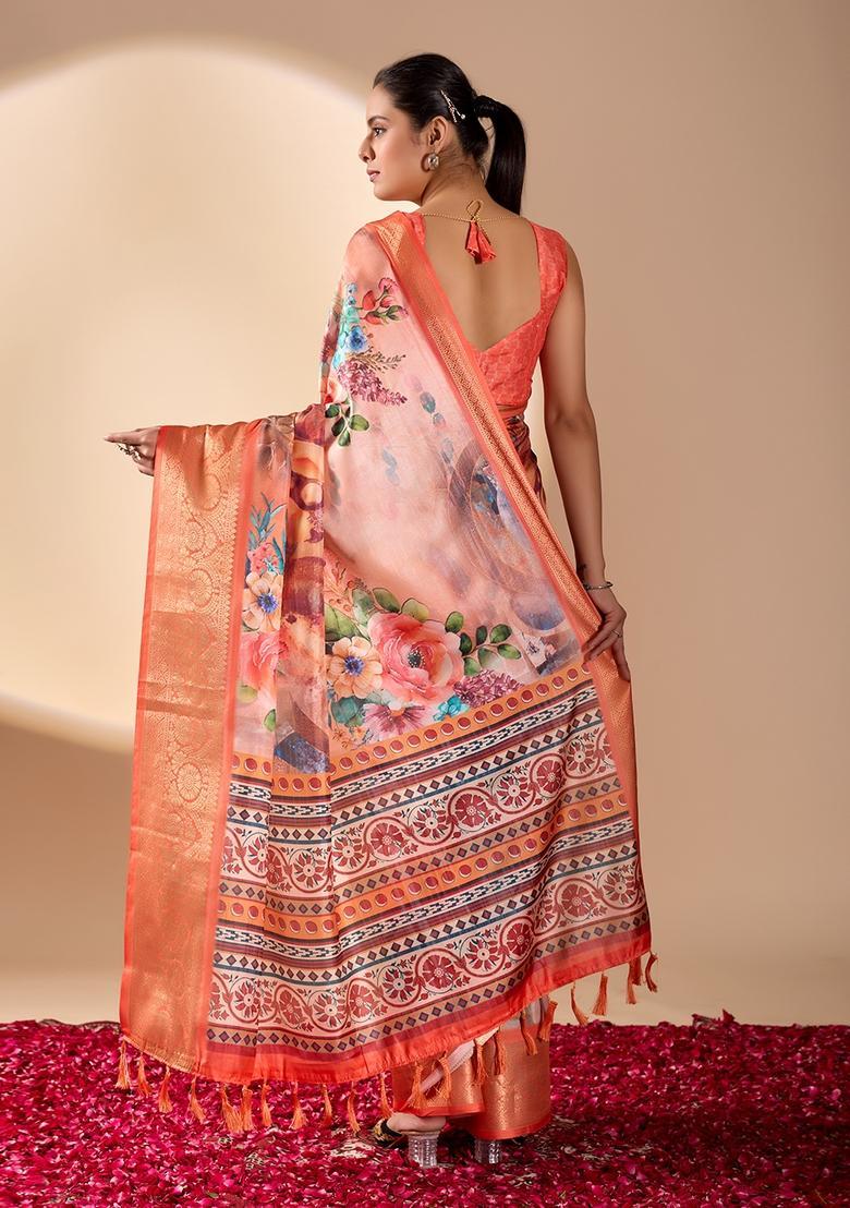 Orange Printed Silk Saree Set - Indya